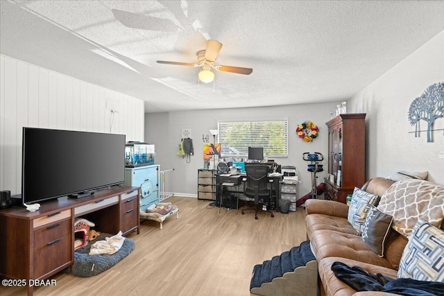 office space with a textured ceiling, ceiling fan, and light wood finished floors