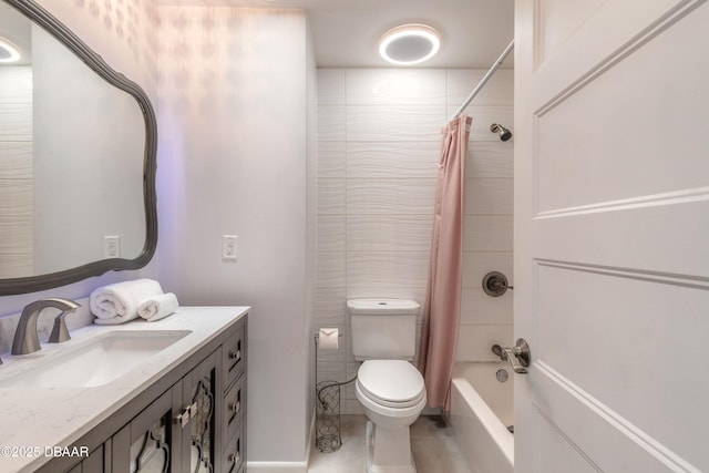 73 N St Andrews Dr, Ormond Beach, FL 32174 - full bathroom featuring toilet, vanity, shower / tub combo with curtain, and tile patterned floors
