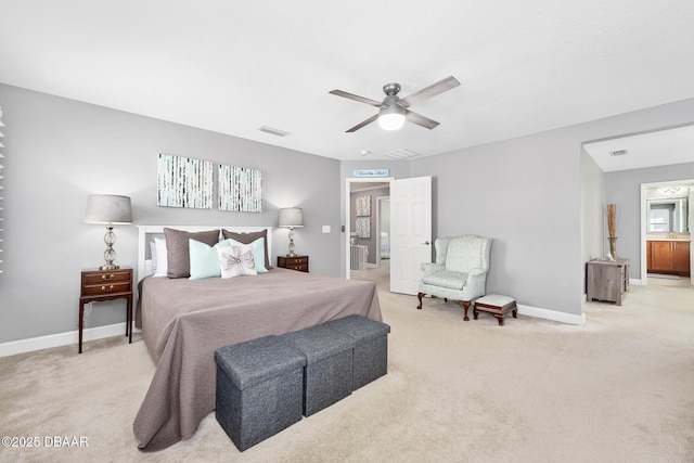 bedroom featuring light colored carpet, ceiling fan, visible vents, and baseboards