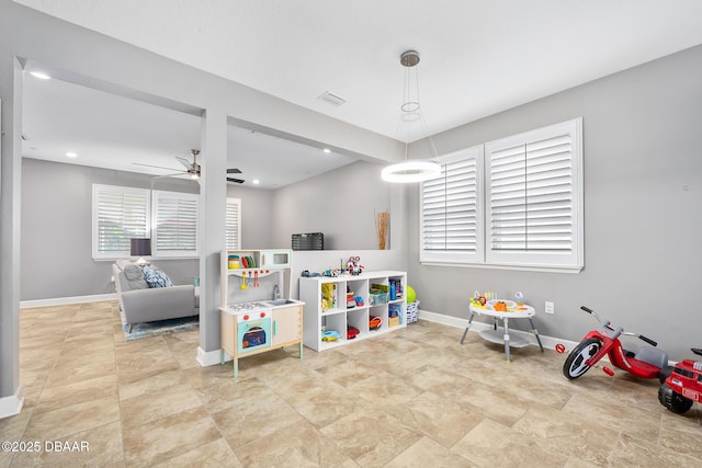 playroom with recessed lighting, visible vents, ceiling fan, and baseboards