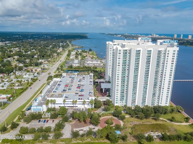 drone / aerial view with a water view and a city view