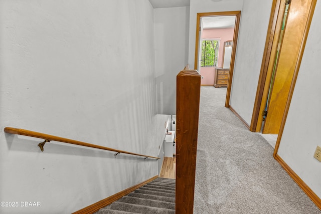 stairs featuring carpet floors and baseboards