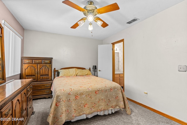 bedroom featuring carpet floors, baseboards, and ceiling fan