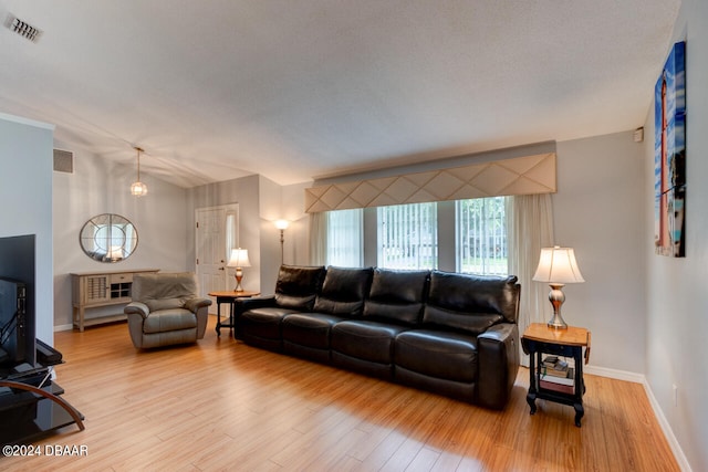 living room featuring visible vents, baseboards, and wood finished floors