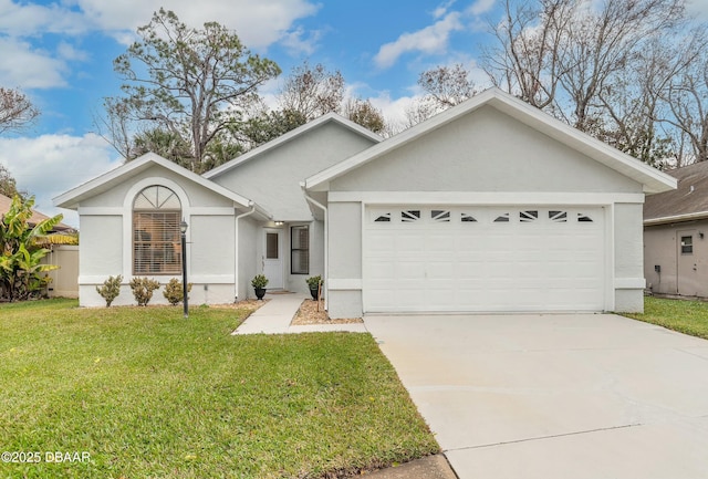 ranch-style house with a garage and a front lawn