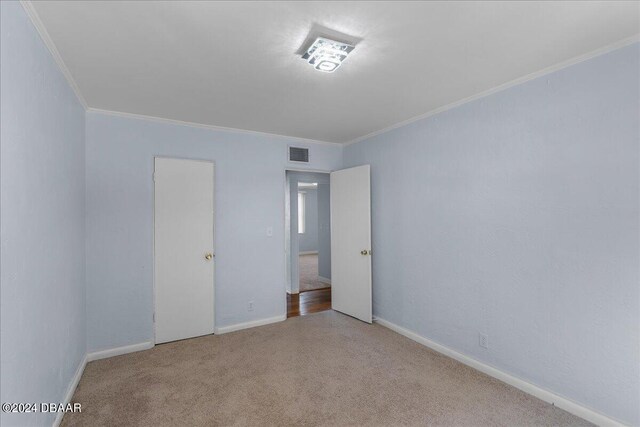 spare room featuring light colored carpet and ornamental molding