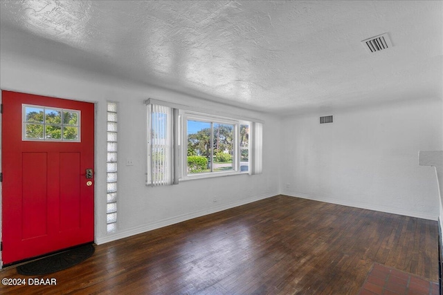 foyer entrance featuring dark wood-type flooring, a textured ceiling, and a healthy amount of sunlight