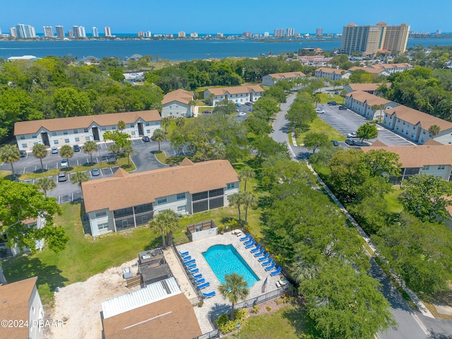 drone / aerial view featuring a water view