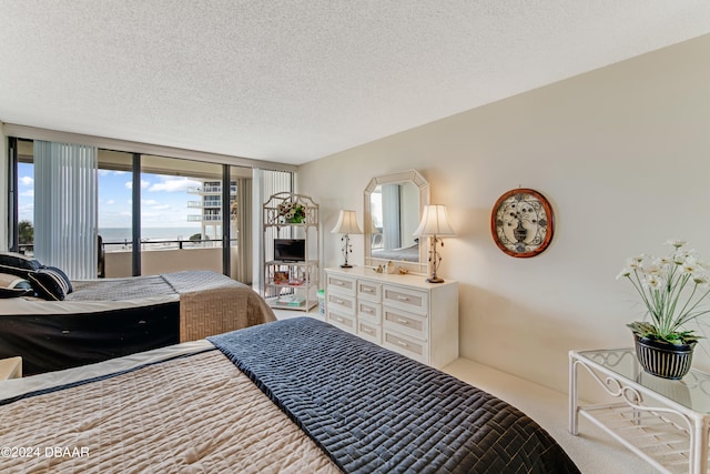 carpeted bedroom with access to exterior and a textured ceiling