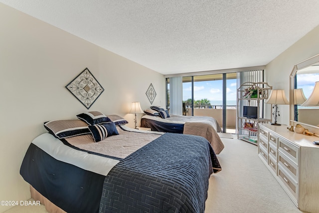 carpeted bedroom with multiple windows, a textured ceiling, and access to exterior