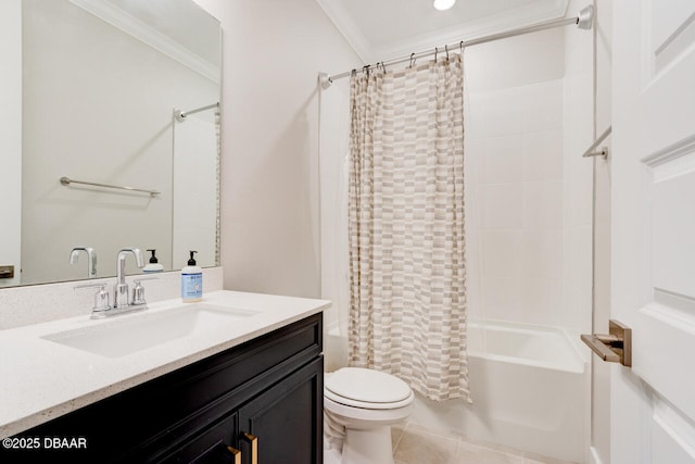 full bath featuring shower / bath combo, toilet, tile patterned flooring, crown molding, and vanity