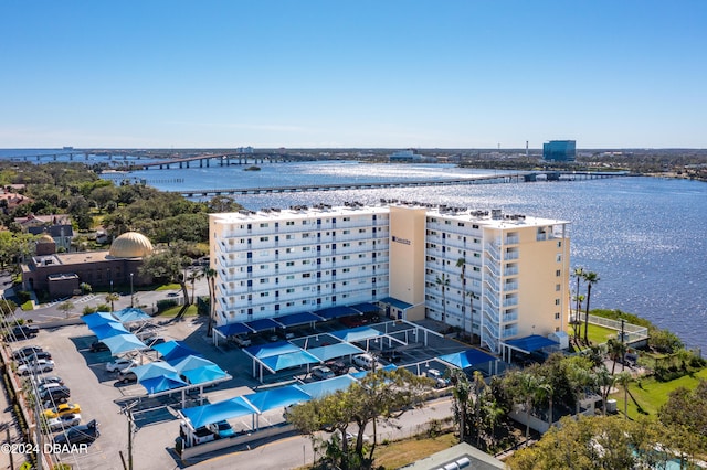 drone / aerial view with a water view