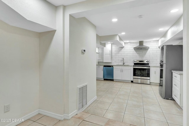 kitchen featuring sink, white cabinetry, stainless steel appliances, tasteful backsplash, and ventilation hood