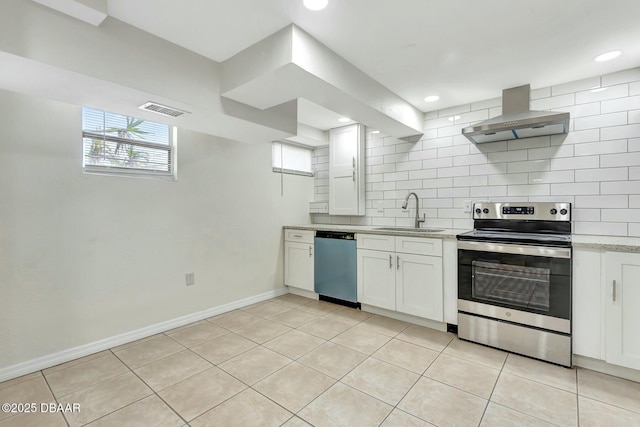 kitchen featuring sink, tasteful backsplash, wall chimney range hood, stainless steel appliances, and white cabinets