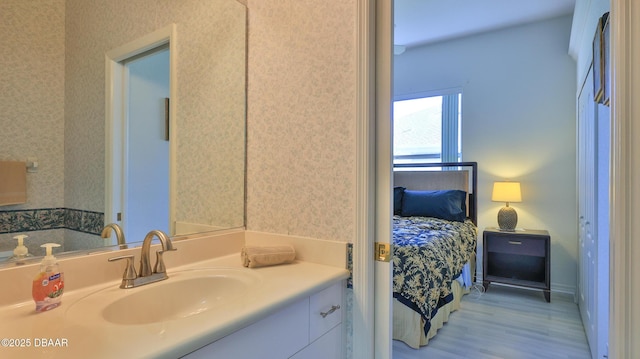 bathroom with hardwood / wood-style floors and vanity