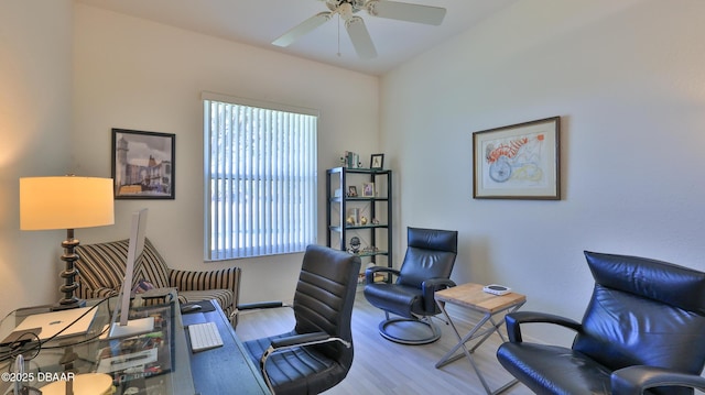 office featuring ceiling fan, hardwood / wood-style floors, and a wealth of natural light