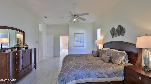 bedroom featuring ceiling fan and light hardwood / wood-style flooring