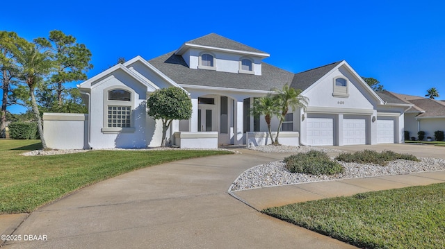 view of front facade featuring a front lawn and a garage