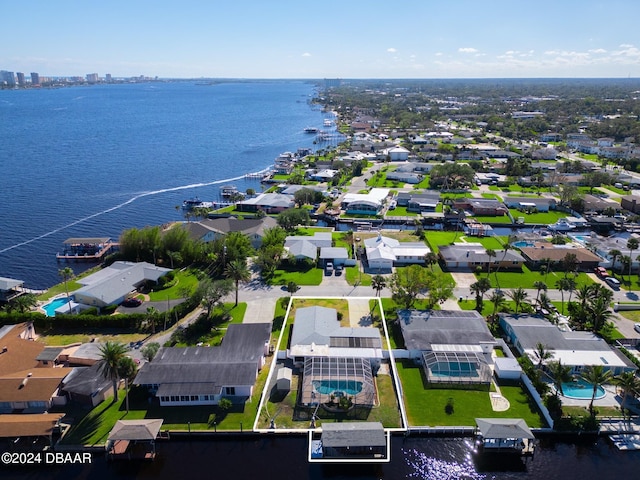 drone / aerial view with a water view