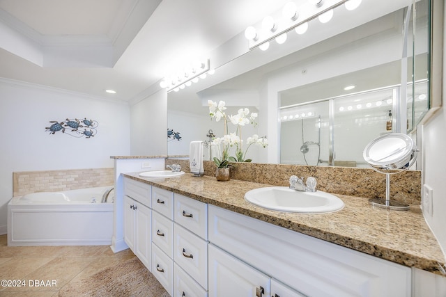 bathroom with tile patterned flooring, vanity, shower with separate bathtub, and ornamental molding