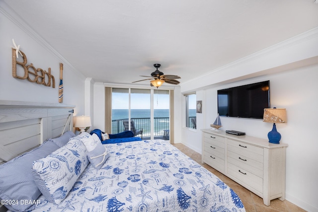 bedroom featuring access to outside, expansive windows, ceiling fan, ornamental molding, and light tile patterned flooring