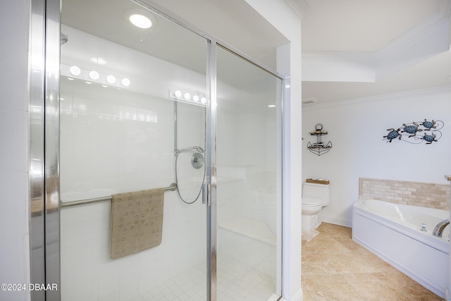 bathroom with plus walk in shower, tile patterned floors, toilet, and crown molding