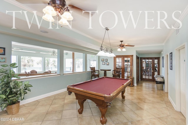 recreation room with french doors, ceiling fan, crown molding, and billiards