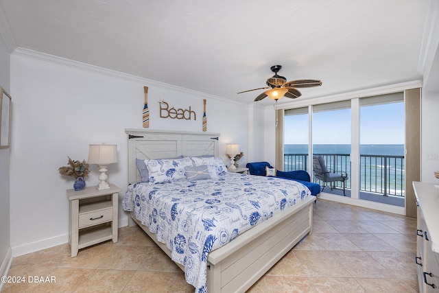 tiled bedroom featuring a water view, ceiling fan, access to exterior, ornamental molding, and a wall of windows