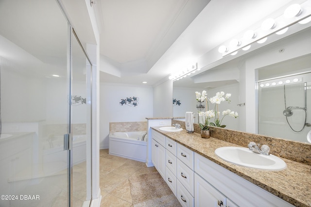 bathroom featuring tile patterned flooring, vanity, independent shower and bath, and ornamental molding