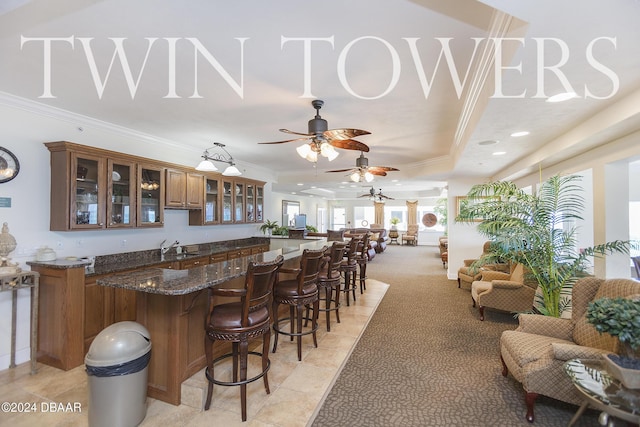 bar featuring ceiling fan, sink, a raised ceiling, dark stone countertops, and crown molding