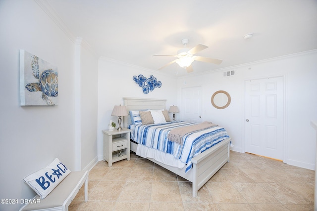 bedroom with ceiling fan, light tile patterned floors, and crown molding