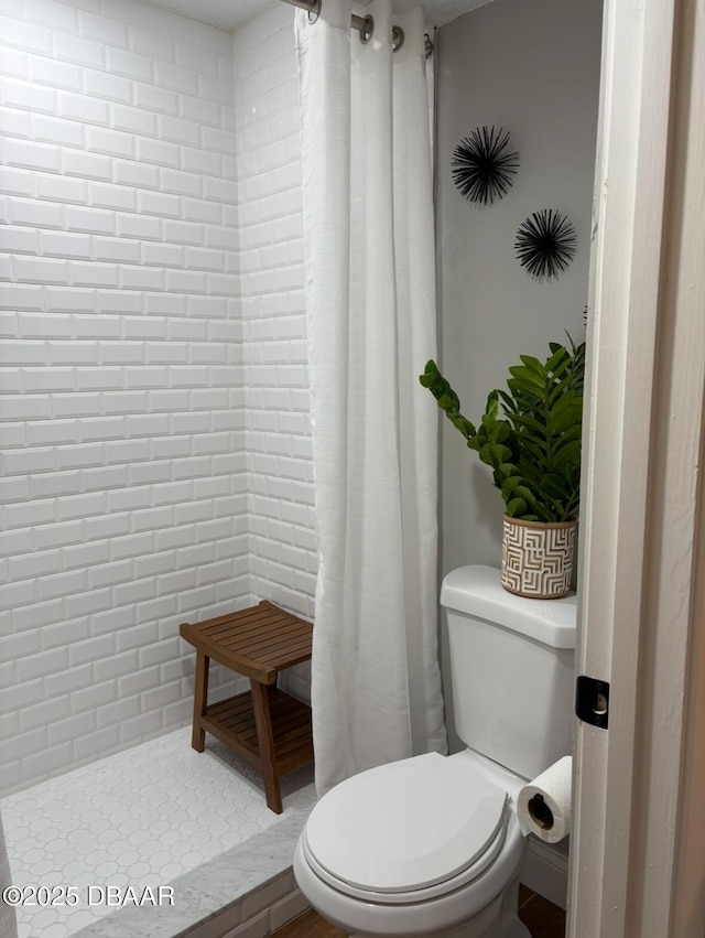 bathroom with a shower with curtain and toilet