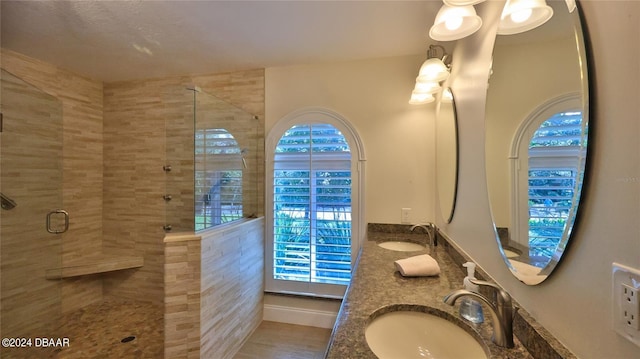 bathroom featuring plenty of natural light, vanity, and an enclosed shower