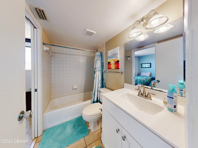 full bathroom featuring tile patterned flooring, vanity, toilet, and shower / tub combo with curtain