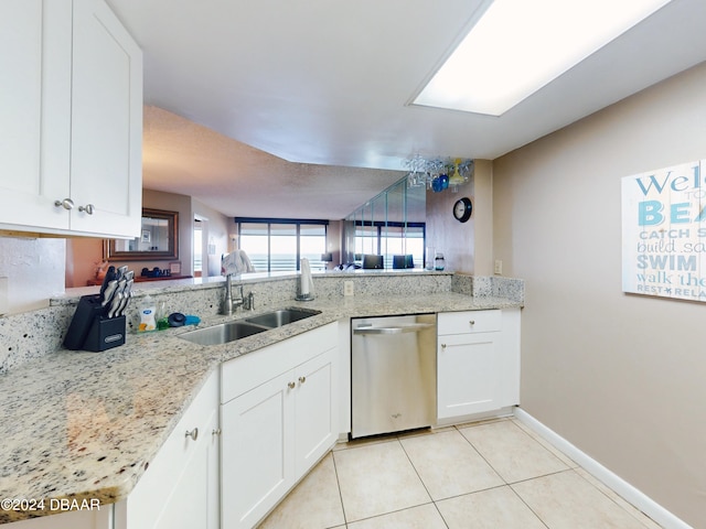 kitchen with kitchen peninsula, white cabinetry, and dishwasher