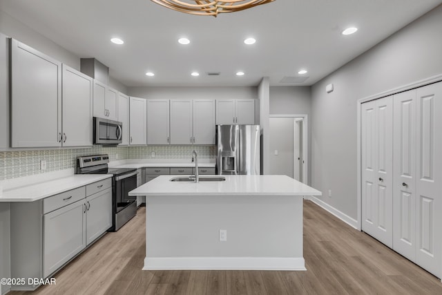 kitchen with light hardwood / wood-style flooring, appliances with stainless steel finishes, sink, backsplash, and a kitchen island with sink