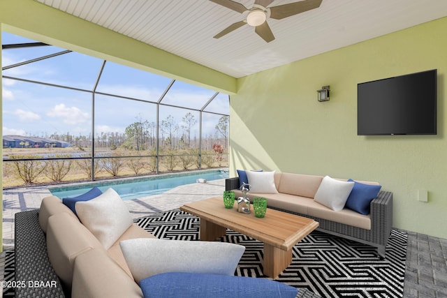 view of patio / terrace featuring an outdoor living space, a lanai, and ceiling fan