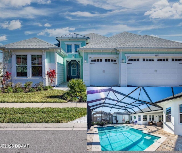 exterior space featuring a garage, glass enclosure, an outdoor pool, and roof with shingles