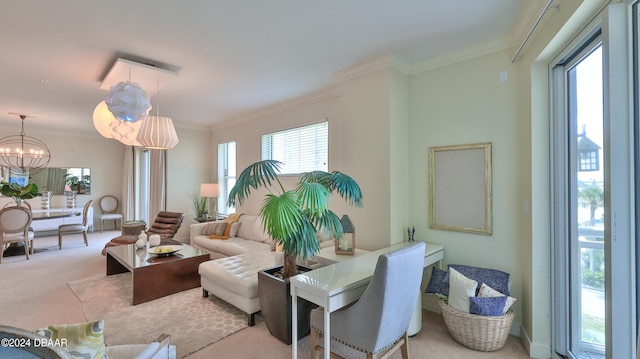 living area featuring light carpet and ornamental molding