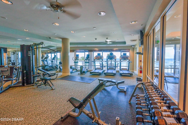 exercise room featuring carpet and ceiling fan