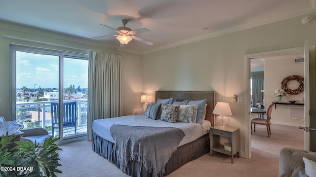 carpeted bedroom featuring ceiling fan, access to exterior, and crown molding