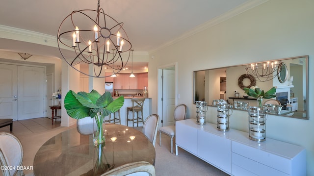 carpeted dining room with an inviting chandelier and ornamental molding