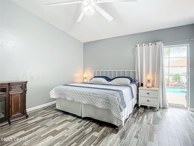 bedroom with access to outside, vaulted ceiling, ceiling fan, and wood finished floors