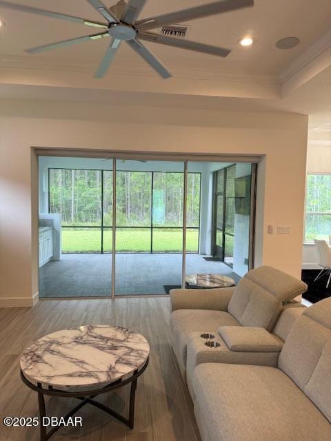 437 Aquamarine Way, Daytona Beach, FL 32124 - living area featuring crown molding, ceiling fan, wood finished floors, and recessed lighting