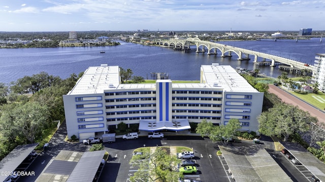 drone / aerial view featuring a water view