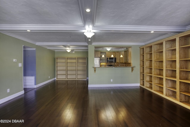 unfurnished living room with crown molding, dark hardwood / wood-style flooring, beamed ceiling, and a textured ceiling