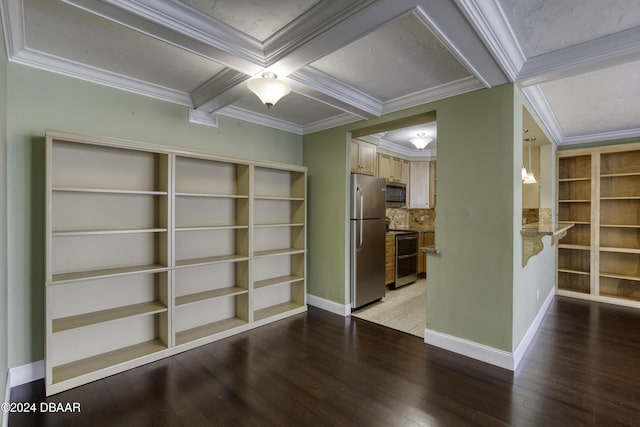 interior space featuring coffered ceiling, hardwood / wood-style flooring, built in shelves, ornamental molding, and beam ceiling