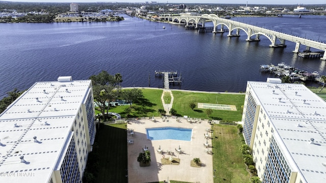 drone / aerial view featuring a water view