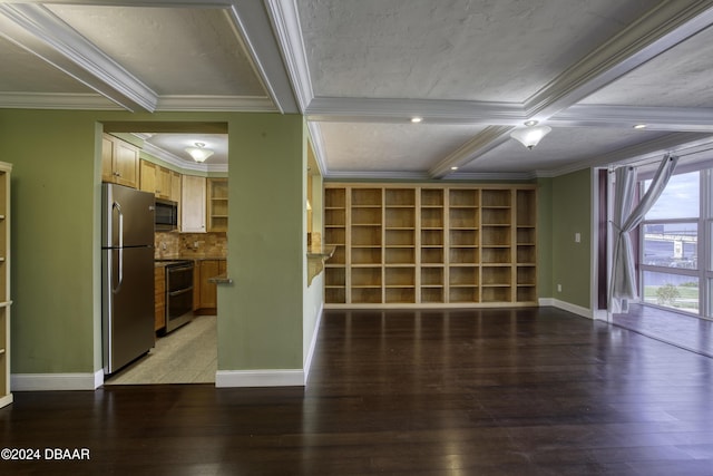 unfurnished living room featuring beamed ceiling, ornamental molding, and hardwood / wood-style flooring