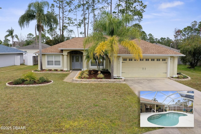 view of front of house featuring a garage, glass enclosure, and a front yard